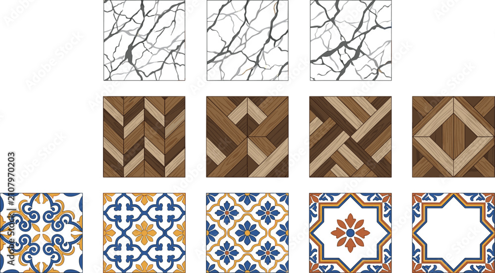 Fototapeta premium Decorative Seamless Pattern Collection with Marble Textures, Wooden Parquet Floors, Portuguese Ceramic Tiles, and Elegant Vector Surface Designs
