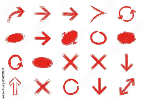 Set of hand drawn red arrows and shapes on a transparent background