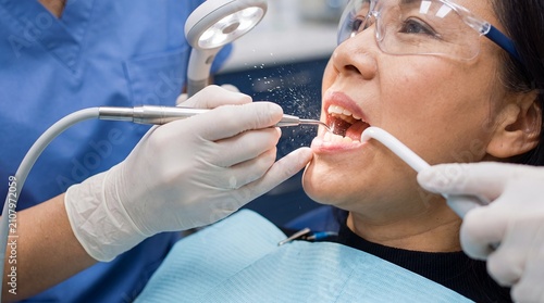 senior asian woman dental cleaning dentist scaler suction clinic care Professional uses a scaler and suction to provide comfortable preventive dentistry and promote healthy aging in a modern practice