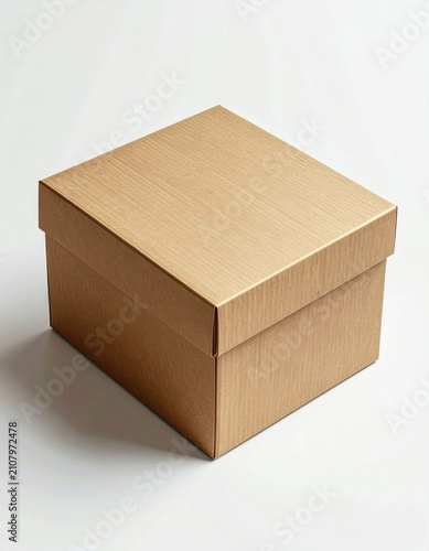 Simple, closed, square cardboard box with a wood-grain texture