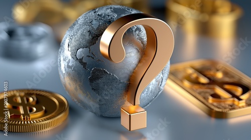 Global currency question mark with coins and globe in 3D design