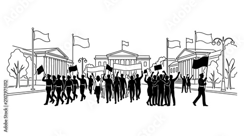 Protest demonstration and public march in front of government buildings line art illustration