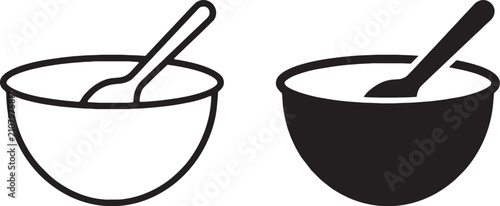 Bild auf Leinwand Art & Illustration, Mixing bowl with spoon vector icon set in line art and solid