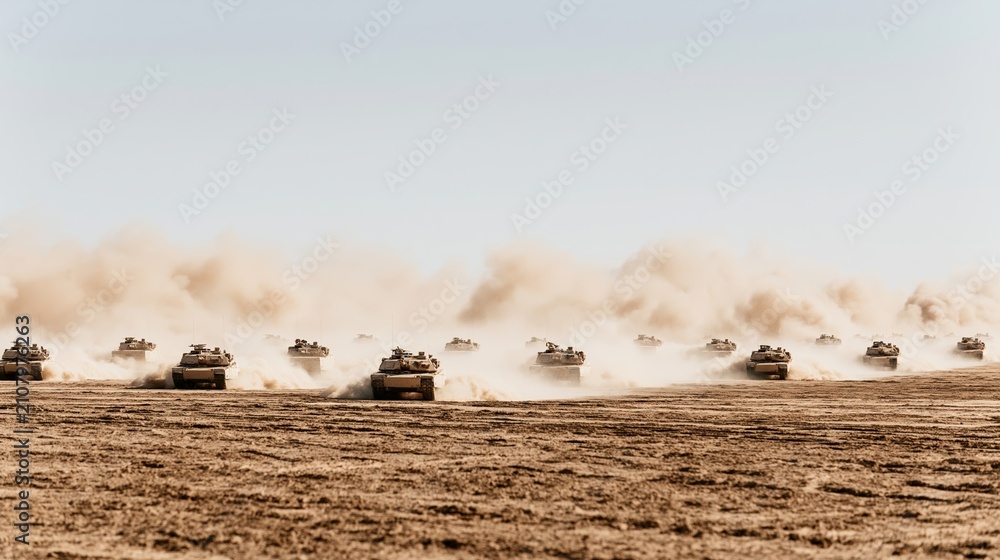 Fototapeta premium Armored military tanks advancing across a dusty desert battlefield, kicking up immense clouds of dust