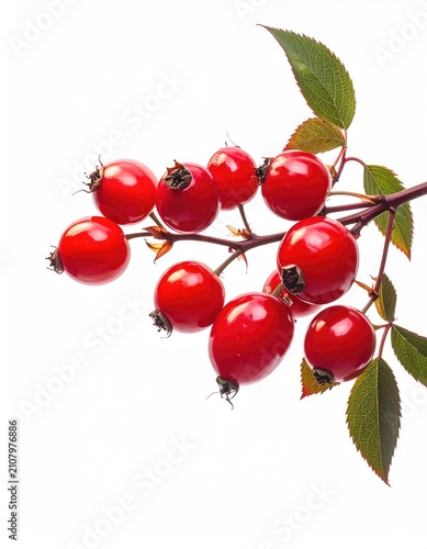 Vibrant red berries on a thorny branch with green leaves