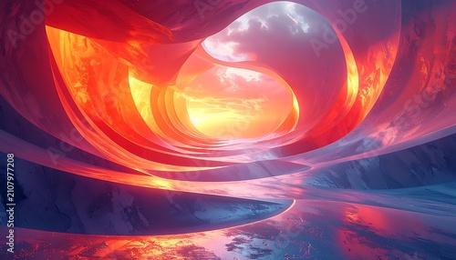 Vibrant abstract swirling orange tunnel landscape.