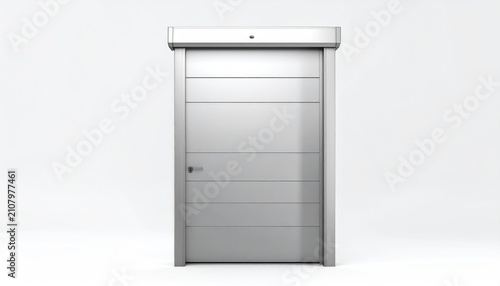 A modern, sleek, silver door with horizontal paneling and a simple knob