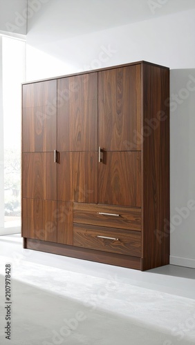 Elegant wooden wardrobe with four doors and two drawers, modern design