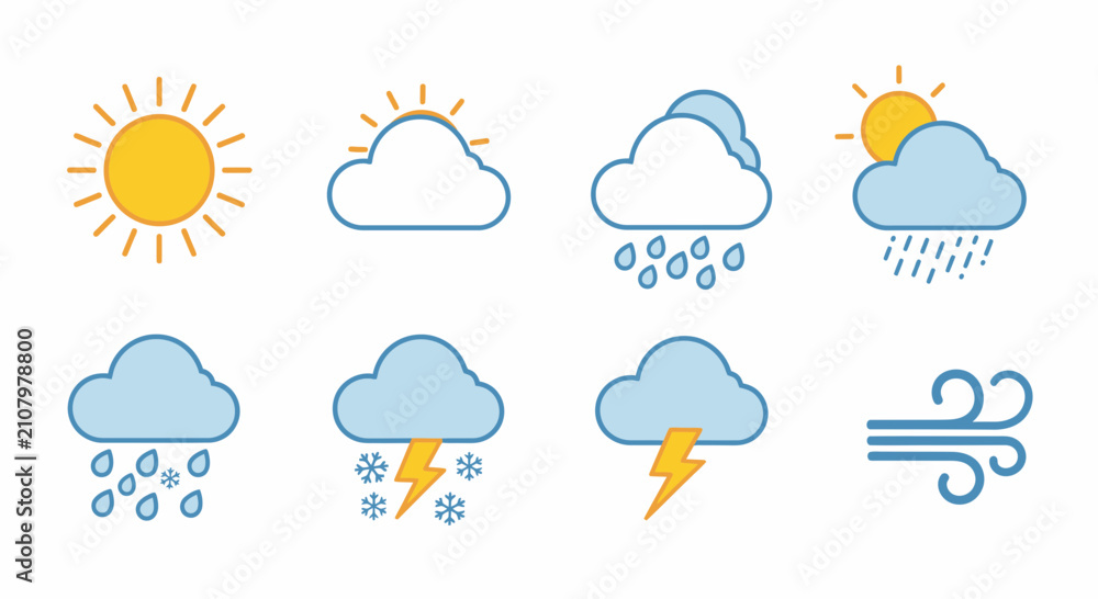 Obraz premium Weather Icon Set Featuring Sunny Cloudy Rainy Storm Symbols.