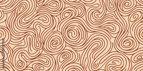 Abstract brown seamless pattern with hand drawn swirl lines and noodle texture background