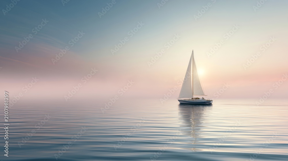 Fototapeta premium Yacht sailing tranquil sea at sunset, reflecting gentle pastel hues of the horizon. Concept of journey, freedom, and escape