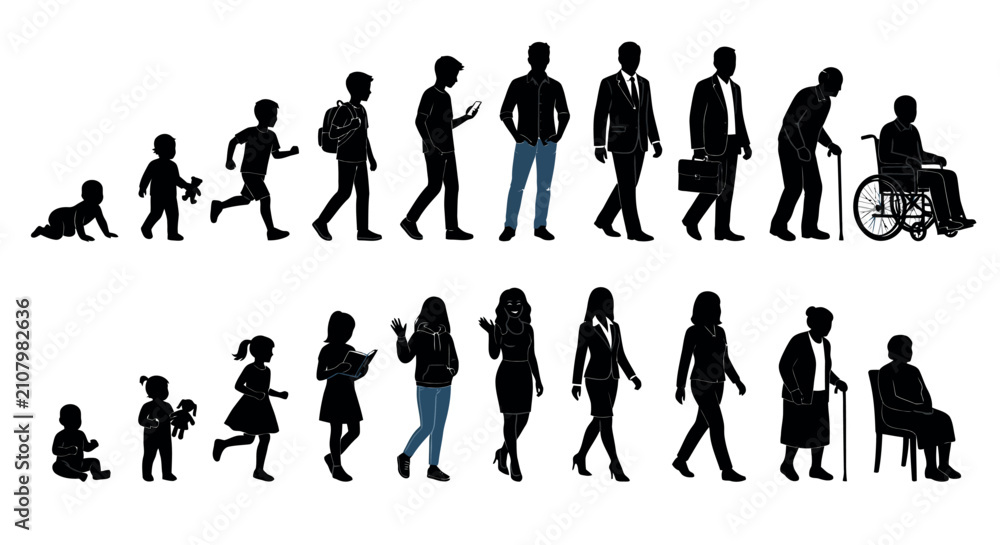 Obraz premium Human Life Stages Silhouette Vector Illustration On White Background
