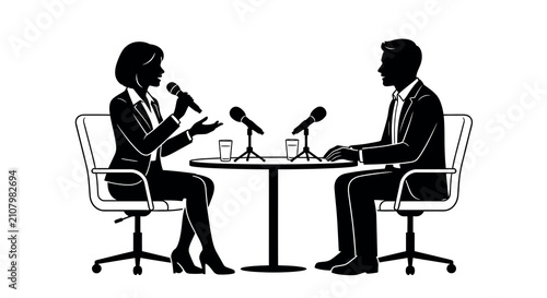 Bild auf Leinwand Podcast hosts silhouette with microphones and table black and white vector