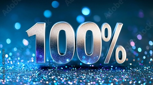 The Number One Hundred Percent Rendered in Shiny Metallic Letters over a Vibrant Blue Sparkle Field