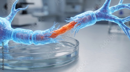 3D medical illustration of a nerve cell axon showing myelin sheath degradation over a petri dish, ideal for neurology research and autoimmune disease presentations.