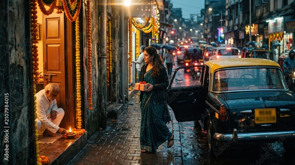 Obraz premium A woman in traditional attire steps out of a taxi holding a gift box on a rain-soaked festive street decorated with lights and flower garlands. Diwali festival celebration in India.