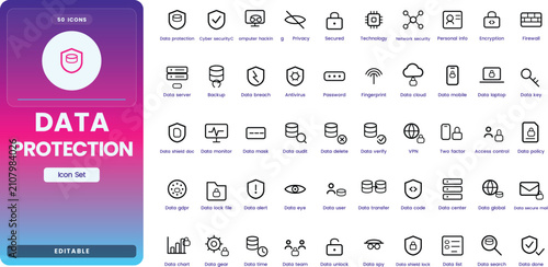 Data Protection icon set. Contain icons related to data protection, security, privacy, lock, shield, encryption, firewall, and more. Editable stroke. Vector illustration
