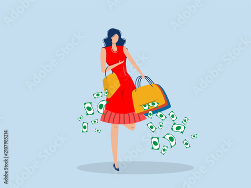 Girl  gen z shopping with money, credit card debt financial loa .Overspending, shopping buy now pay later, credit card debt from retail purchase, consumer debt