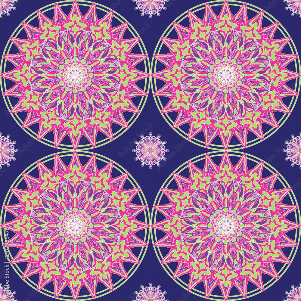 Obraz premium Vibrant floral mandala seamless pattern with neon pink and lime geometric petals on a deep blue background. Perfect for fabric, wallpaper, wrapping paper, textiles, home décor, and digital prints.