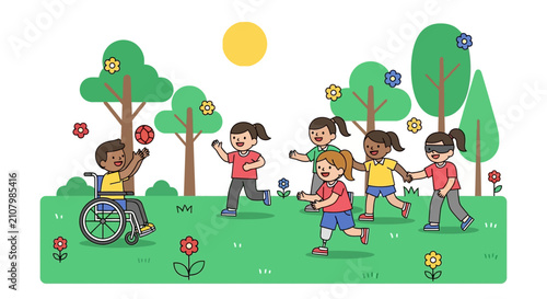 DiverseChildrenPlayingOutdoorIllustrationWithAccessibilityFocus.