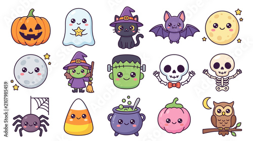 Halloween Cartoon Characters Flat Illustration Set.
