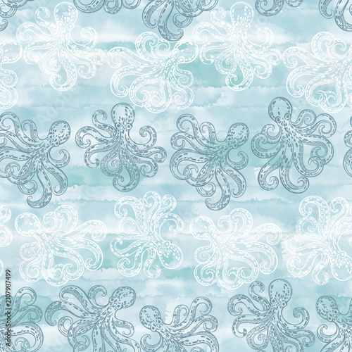 Cute cartoon octopuses on blue watercolor. Vector seamless pattern on blue watercolor. Vector Illustration. Monochrome. Templates for menu design, packaging, restaurants and catering. Perfect for wall