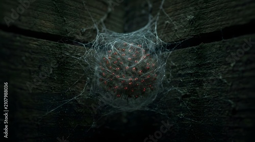 Spooky Halloween spider web in a dark wooden corner creating a creepy atmospheric gothic mood for autumn celebrations and horror decorations