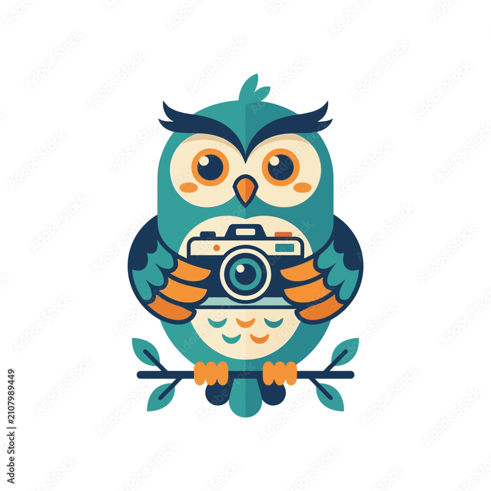 Fototapeta premium Cute Cartoon Owl Holding Vintage Camera on Branch, Photography Icon, Vector Art