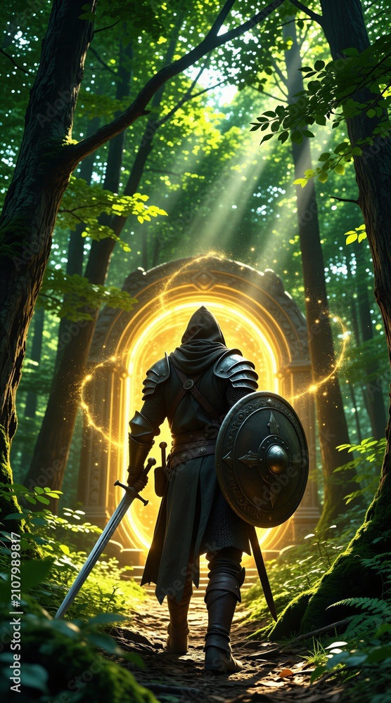 Fototapeta premium Armored warrior walks towards glowing portal in lush forest. Warrior holds sword and shield ready for battle. Fantasy portal opens path to new world.