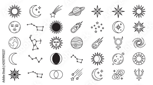 Celestial astrology icons set, 35 black line art space symbols, mystical sun and moon vector illustrations, zodiac constellations and planets