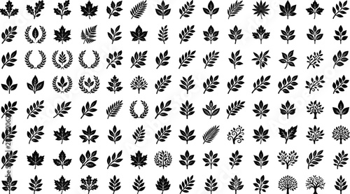 Foto Collection of minimalist botanical icons featuring vector silhouettes of leaves,