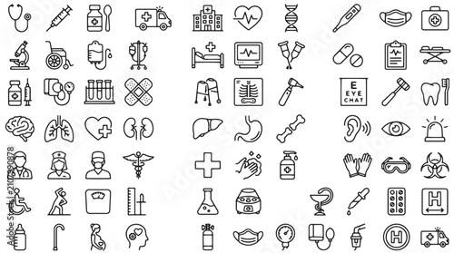 Medical line icons set, healthcare and hospital vector symbols collection, 60 thin stroke medicine signs for clinic website and app design