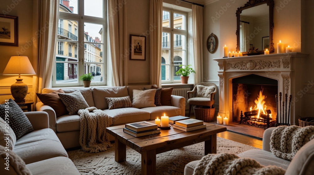Obraz premium Classic living room interior with burning fireplace. Comfortable sofa, armchair stand near wooden coffee table with books. Candles glow on mantel shelf. Bright windows show city street view. Beige