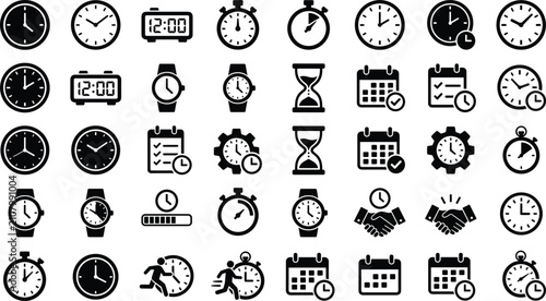 Tableau sur toile Collection of time, watch, and scheduling vector icons featuring clocks, wristwa