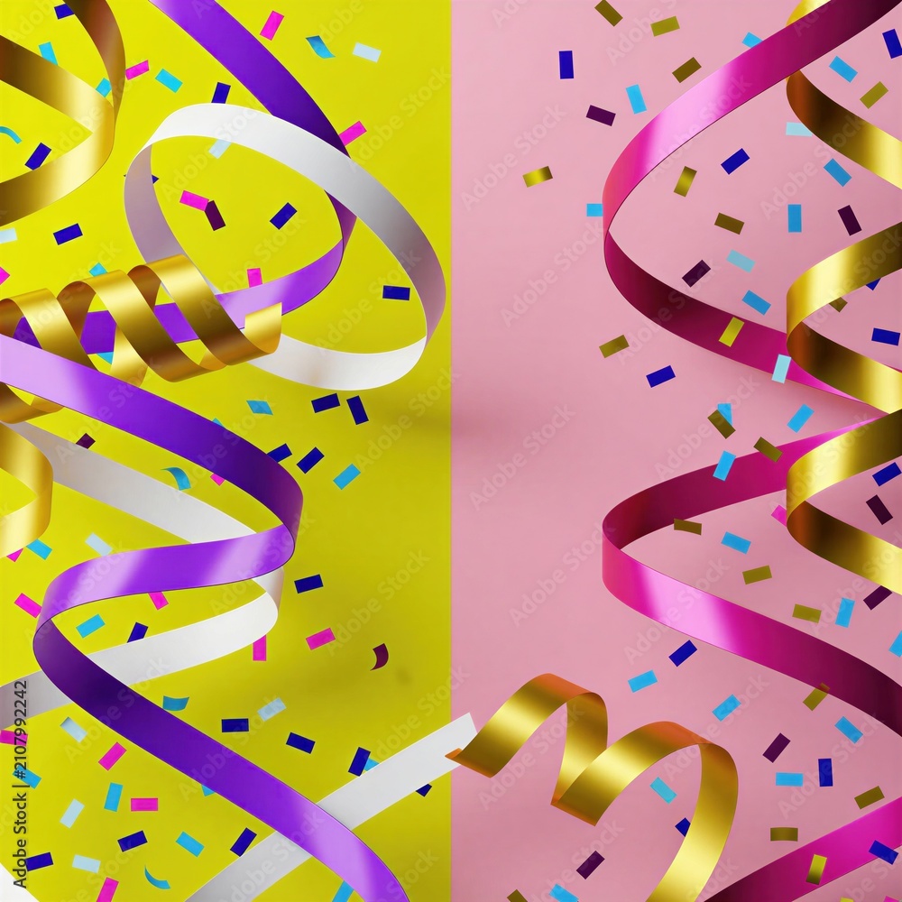 Fototapeta premium Bright festive ribbons swirl with colourful confetti against split yellow and pink backdrop. Celebrate happy events, parties, holidays with dynamic motion graphic element.