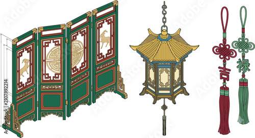 Traditional Chinese decor elements featuring folding screen, pagoda lantern, and auspicious knots