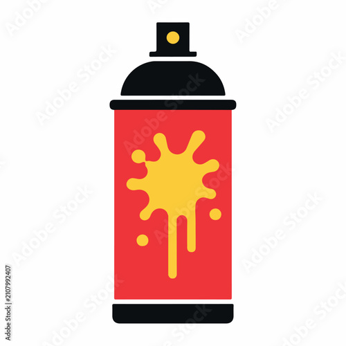 Red spray paint can vector icon, aerosol spray bottle with yellow paint splash, street art graffiti tool graphic on white background