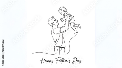Minimalist continuous line art illustration of dad holding baby up high for Happy Fathers Day