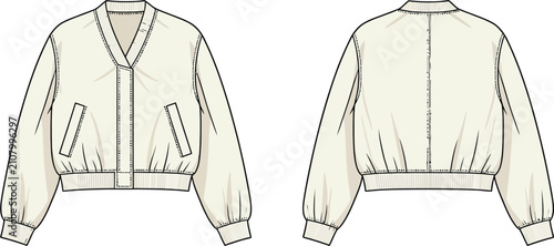 Obraz na płótnie Fashion technical sketch of cream colored women's bomber jacket design