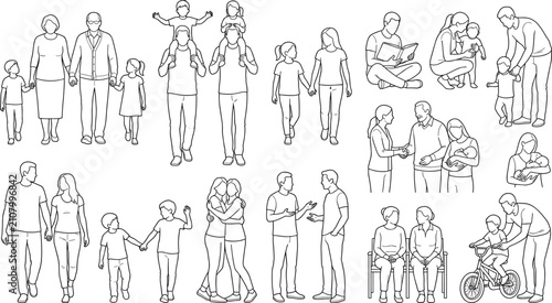 Family Relationships Line Art Illustration Set Featuring Parents Children Grandparents Caregiving and Everyday Life