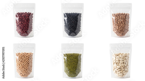 Assorted legumes in transparent plastic pouches, collection of six stand-up bags with dried beans and pulses, organic food packaging set for retail isolated PNG with Transparent Background