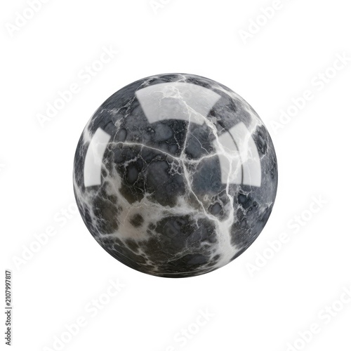 Polished Dark Grey and White Marbled Stone Sphere Isolated on White Background.