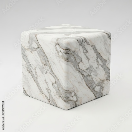 Elegant White and Gray Marble Cube on a Clean Background.