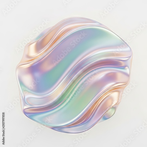 Iridescent Wavy Abstract Shape on White Background.