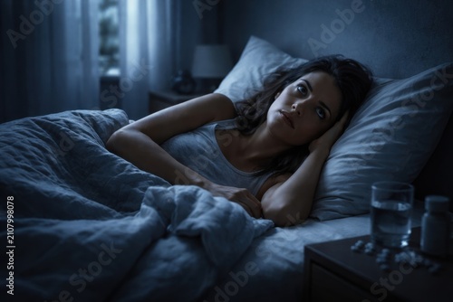 Sleepless woman lying awake in bed at night with insomnia and sleeping medication beside bedside table