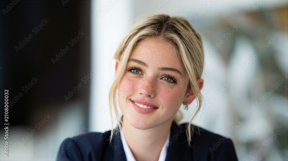 Obraz premium Young woman smiling with blonde hair and blue eyes wearing dark blazer in soft light