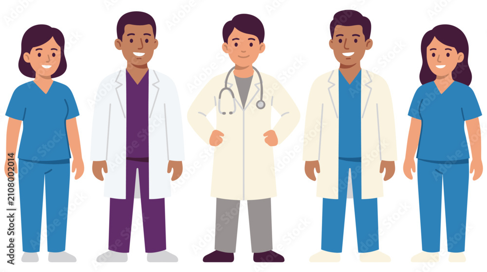 Fototapeta premium Diverse group of medical professionals standing together, healthcare team.