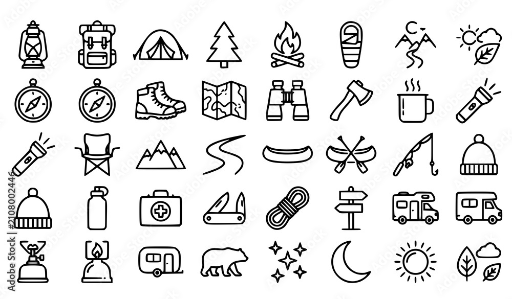 Fototapeta premium Camping Icons Set with Lantern Backpack Tent and Tree Line Vector Collection