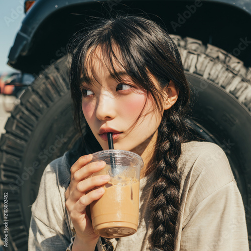 Close-up portrait of a stylish young woman drinking iced coffee outdoors beside a rugged off-road vehicle. Warm golden sunlight, natural beauty, casual fashion, travel, adventure and modern lifestyle 