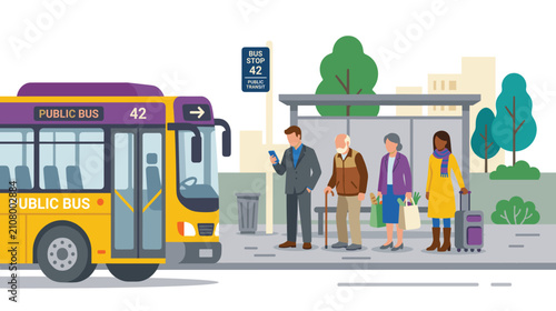 Fotografie People waiting at urban bus stop while public transit vehicle arrives